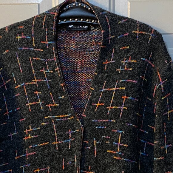 NEW Creation Womens Sz M Cardigan Sweater Snap Wool Blend Dark Gray/Multi Fringe - Picture 2 of 12